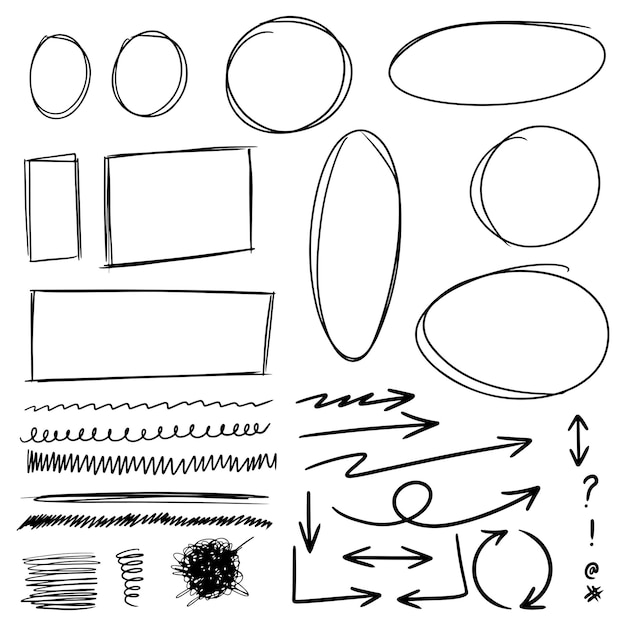 Gekritzellinien, Pfeile, Kreise und Kurvenvektor. hand gezeichnete gestaltungselemente lokalisiert auf weißem hintergrund für infografik. Vektor-Illustration.