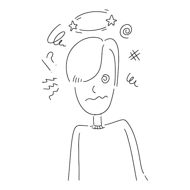 Gekritzelskizzenart der verwirrten und schwindligen Karikatur handgezeichneten Illustration der Person für Konzeptdesign