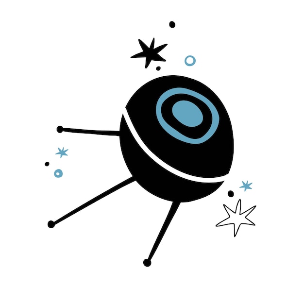 Gekritzelvektorsatellit lokalisiert auf weißem Hintergrund. handgezeichnete Sterne. Kinder-T-Shirt-Design