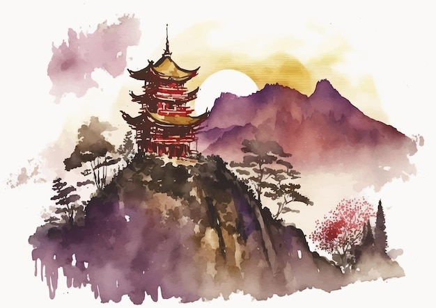 Vektor gelassenheit des japanischen tempels in aquarell