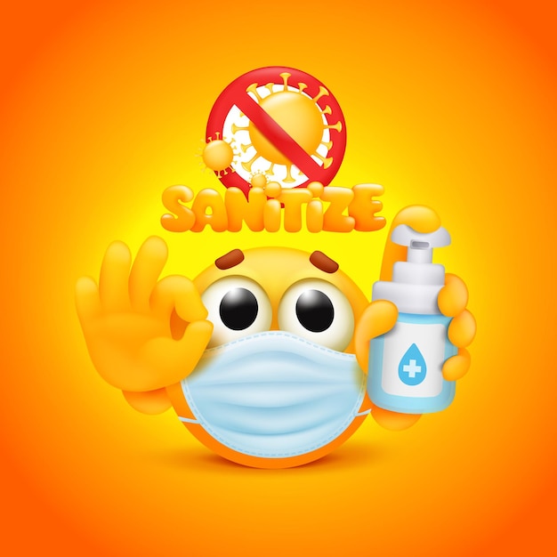 Vektor gelbe emoji-zeichentrickfigur mit flasche desinfektionsmittel in der hand. vektorillustration