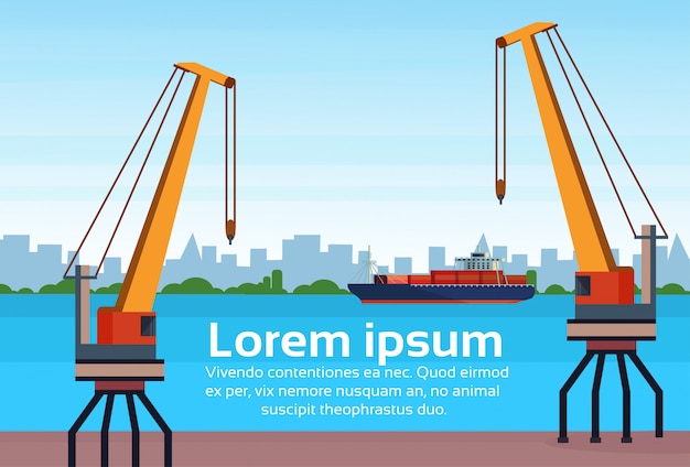 Gelbe Kran-Konzeptschifffahrtsdock der industriellen Seefrachtlogistik am Meer