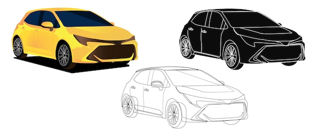 Gelbe limousine auto seitenansicht silhouette und strichzeichnungen