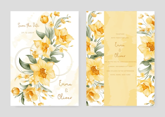 Vektor gelbe orchidee hochzeits-einladungskarte vorlage mit blume und blumige aquarell textur vektor