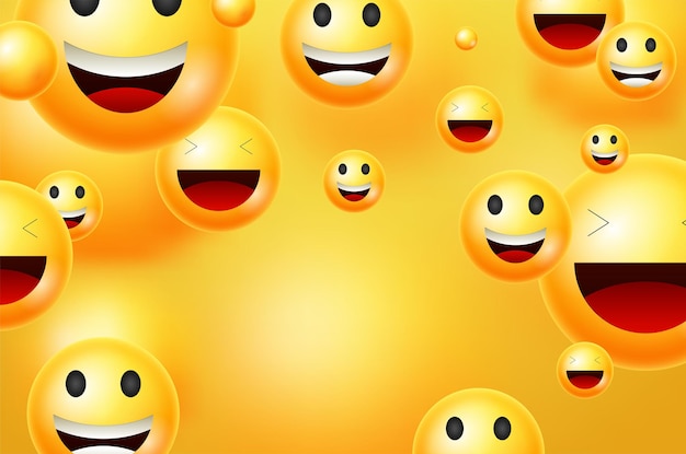 Gelbe Smileys-Vektor-Hintergrund. Emoticons oder Smileys mit lustigen und fröhlichen Gesichtsausdrücken im gelben Leerzeichenhintergrund für Text oder Präsentation. Vektor-Illustration.