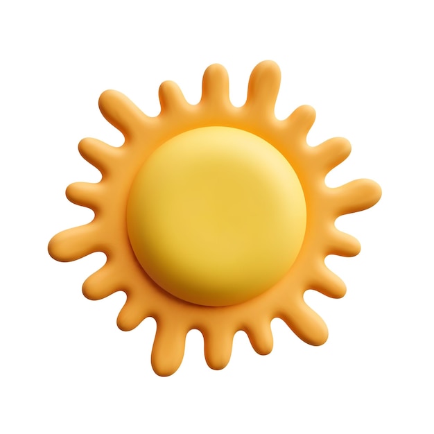 Gelbe Sonne mit abgerundeten Strahlen und glänzender Textur, isoliert auf weißem Hintergrund im cartoonischen Sommerthema
