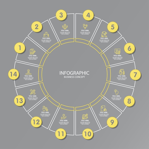 Gelbe und graue Farben für Kreisinfografiken mit dünnen Liniensymbolen. 14 Optionen oder Schritte für Infografiken, Flussdiagramme, Präsentationen, Websites, gedruckte Materialien. Infografik-Geschäftskonzept.