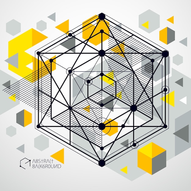 Gelbe Zeichnung des geometrischen Technologievektors, technische Tapete 3D. Illustration des technischen Systems, abstrakter technologischer Hintergrund. Abstrakter technischer Hintergrund.