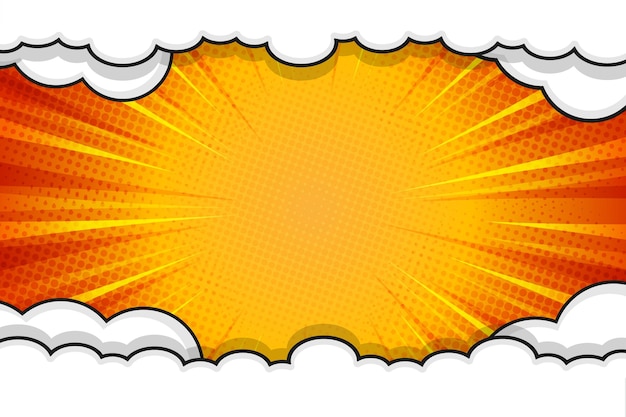 Gelber Pop-Art-Comic-Hintergrund mit Strahlen und Wolkenrahmen