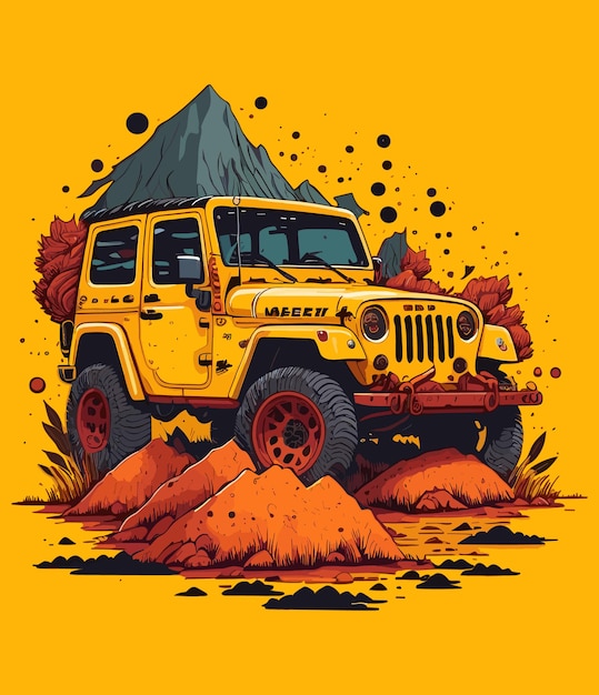 Gelber Sommer-Jeep-Auto-Illustrationsentwurf für T-Shirt