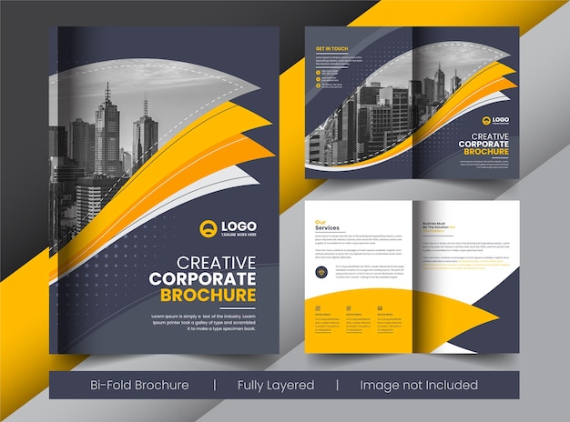 Gelbes firmenunternehmen business bifold broschüren-cover-layout-konzeptdesign mit kreativen formen