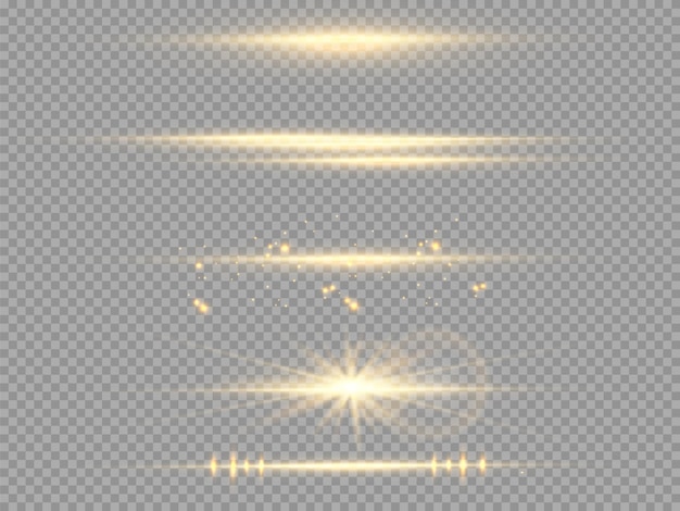 Gelbes horizontales Lens Flares-Paket. Laserstrahlen, horizontale Lichtstrahlen. Schöne Lichterketten. Glühende Streifen auf dunklem Hintergrund. Leuchtender abstrakter funkelnder gezeichneter Hintergrund.