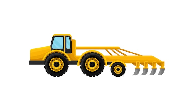 Gelbes landwirtschaftliches Fahrzeug mit Pflug Große Landmaschinen für die Feldarbeit Pflugausrüstung Grafisches Element für Poster oder Banner Cartoon-Illustration Flacher Vektor isoliert auf weißem Hintergrund