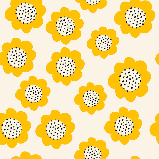 Gelbes nahtloses Muster mit abstrakten Sonnenblumen Botanische moderne von Hand gezeichnete Vektorillustration