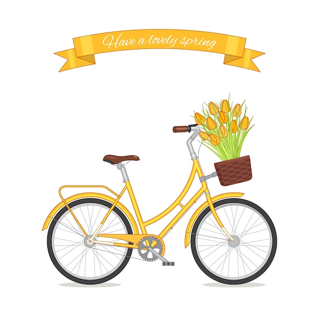 Gelbes retro- fahrrad mit tulpenblumenstrauß im blumenkorb. farbfahrrad getrennt auf weißem hintergrund