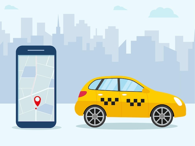 Vektor gelbes taxi. hände mit smartphone und taxi-app in der stadt. taxi-service-konzept. vektor-illustration im flachen stil eps 10