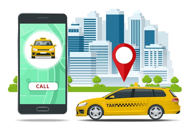 Gelbes taxi und mobile anwendung im telefon mit stadthintergrund. mobile app für den buchungsservice. flache vektorgrafik für business, infografik, banner, präsentationen.