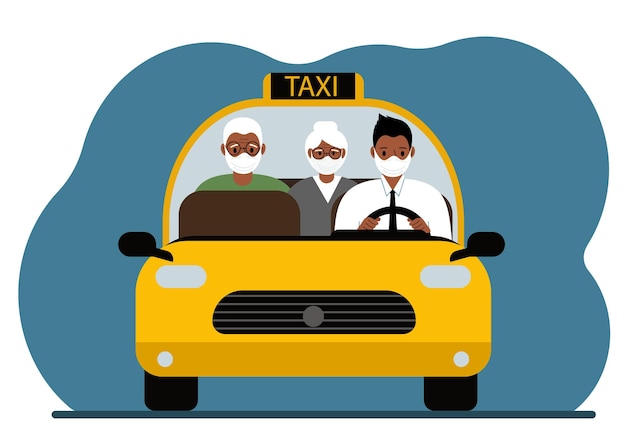 Vektor gelbes taxiauto. ein mann in hemd und krawatte, ein taxifahrer, der großeltern mit fahrgästen befördert. alle tragen medizinische masken. vorderansicht. flache vektorgrafik
