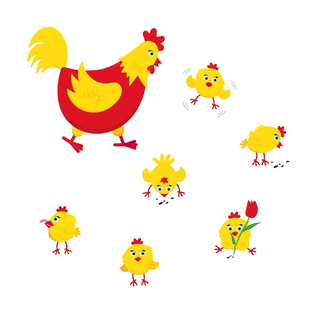 Gelbes und rotes huhn lustige niedliche kleine kükenbabys flache artdesign-vektorillustration