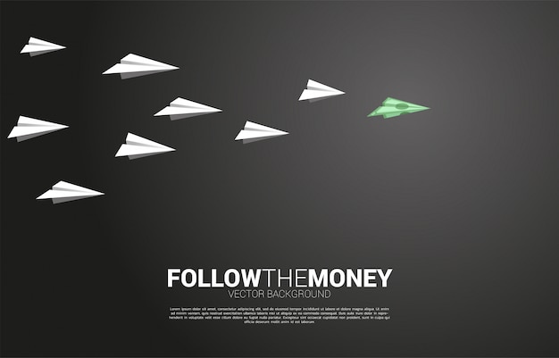 Geld Banknote Origami Papier Flugzeug führen weißes Flugzeug. Geschäftskonzept von Investor und Risikokapital.