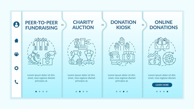 Geld-event-ideen für die onboarding-vektorvorlage sammeln. responsive mobile website mit symbolen. webseiten-walkthrough-bildschirme in 4 schritten. peer-to-peer-fundraising-farbkonzept mit linearen illustrationen