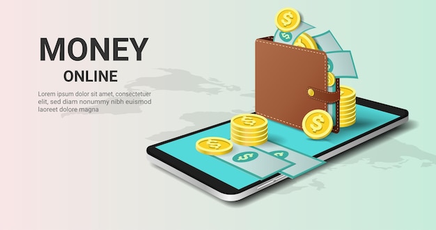 Geld online auf handy-anwendung geldüberweisung atm finanzielle einsparungen cashback ewallet und mobile payment landing page konzept 3d-perspektive vector illustration