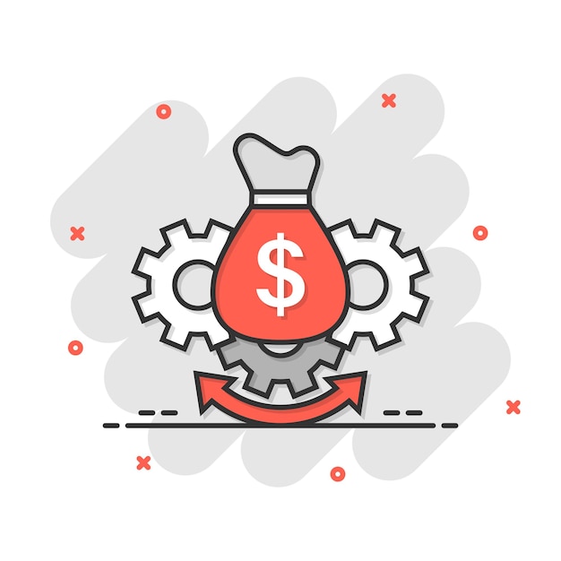 Geld-optimierungs-symbol im comic-stil gear effektive cartoon-vektor-illustration auf weißem, isoliertem hintergrund finanzprozess-splash-effekt-geschäftskonzept