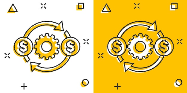 Geld-optimierungs-symbol im comic-stil gear effektive cartoon-vektor-illustration auf weißem, isoliertem hintergrund finanzprozess-splash-effekt-geschäftskonzept