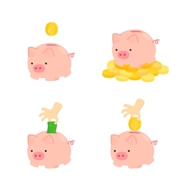 Geld sparen im sparschwein kawaii flache cartoon-vektorillustration