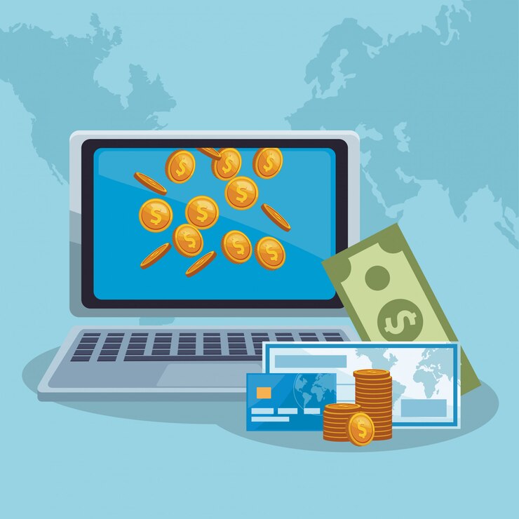 Vektor geld verdienen online mit laptop