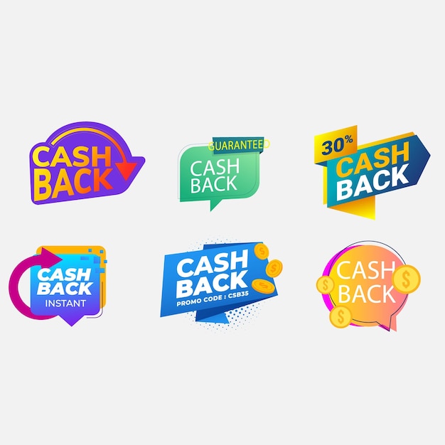 Geld zurück Cashback Vektoretiketten und Aufkleber Set Vektor Verkauf Banner Sparen und Geld Rückerstattung Ikonen