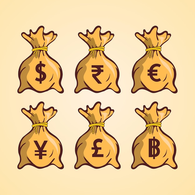 Geldbeutel mit verschiedenen währungssymbolen farbvektorillustration