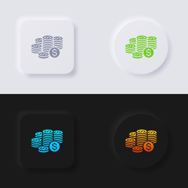 Geldmünzen-icon-set, multicolor-neumorphismus-schaltfläche, weiches ui-design für webdesign.