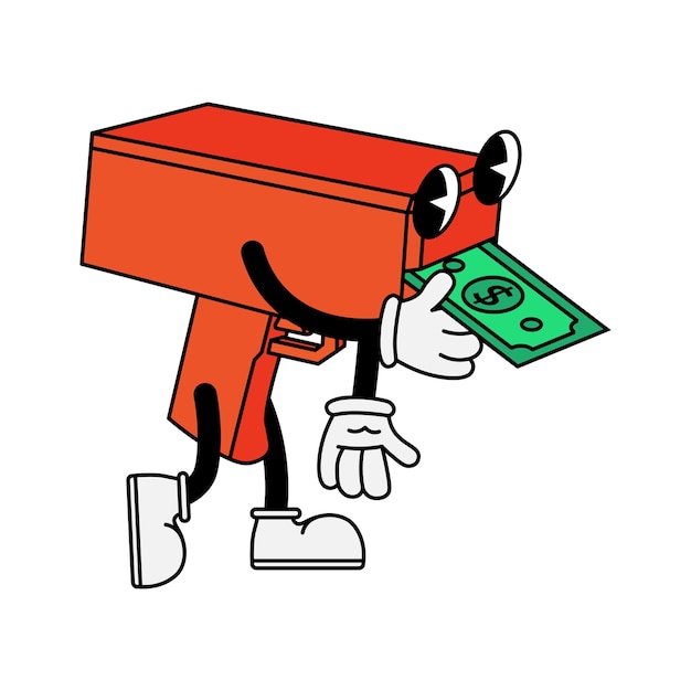 Geldpistol-Figur mit Dollarnote im Cartoon-Stil der 70er Jahre
