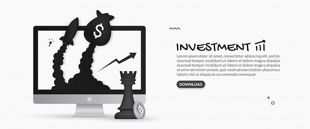 Geldsack und Rakete starten vom Desktop-Monitor, Investitionsplanungskonzept