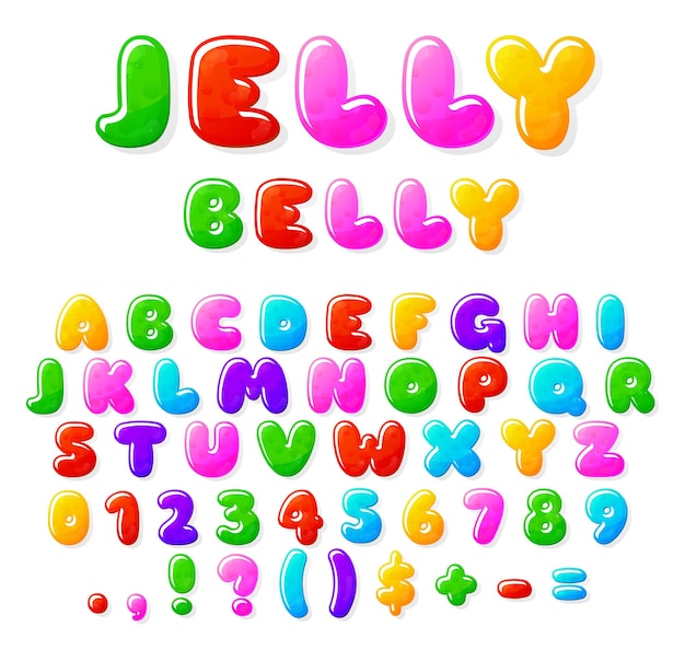 Gelee-Alphabet. Fruchtbonbon-Schriftart, typografische Buchstaben und Zahlen. Süße Blase Marmelade ABC, Kindergummi neuer Vektortext. Alphabetgelee und -marmelade, Schriftartbuchstabe, ABC-Typografieillustration