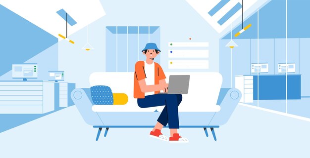 Vektor gelegentliche männliche angestellte entspannen sich bei der arbeit auf dem sofa in einem modernen startup-bürozimmer