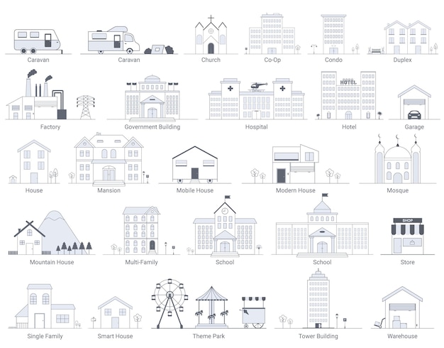 Gemeinsame gebäude-sammlung graustufen-vektorlinien-ikonen