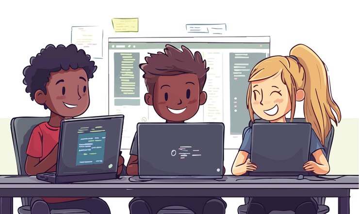 Vektor gemeinsame programmierungsstudenten arbeiten zusammen an einem projekt