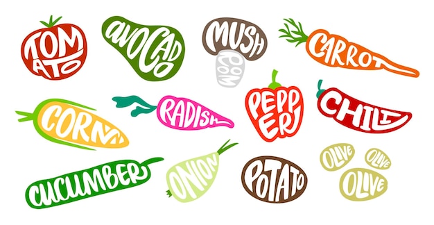 Gemüse-schriftzug lebensmittelabzeichen mit typografischem gemüsenamen kalligrafie-tomatenpfeffer und karottenzeichen-vektorsatz
