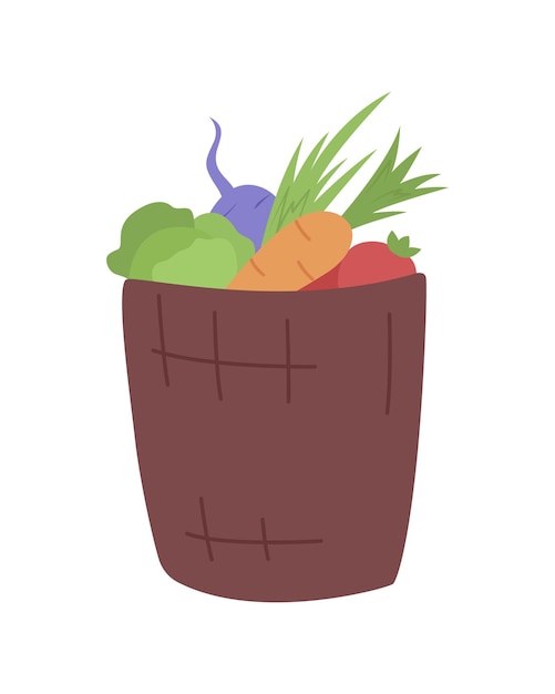 Gemüsekorb halb flaches farbvektorobjekt. lieferung von frischem und biologischem gemüse. karotte, kohl, tomate in box isolierte moderne cartoon-stil-illustration für grafikdesign und animation