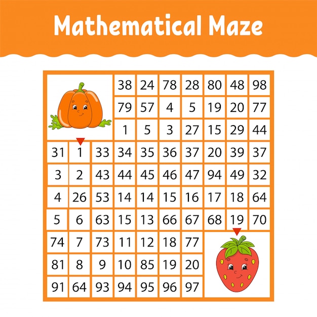 Gemüsekürbis, erdbeere. mathematisches quadratisches labyrinth. spiel für kinder. zahlenlabyrinth.