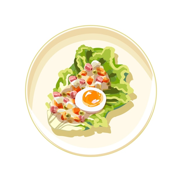 Gemüsemisch mit Soße auf einem Porzellanteller, Salatblättern und einem halben gekochten Ei, vegetarisch