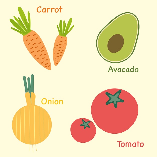 Gemüsesatz Karotten Avocado Zwiebeln und Tomaten Vektorgrafik