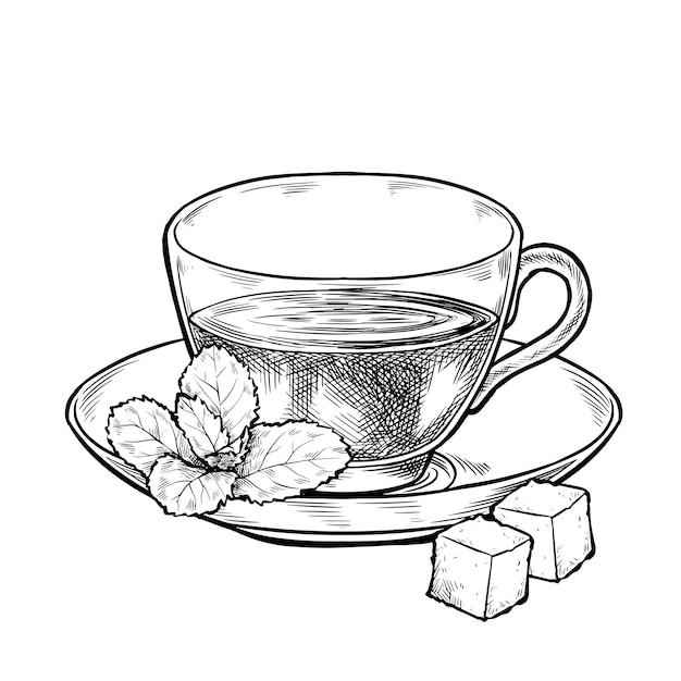 Vektor gemütliche tassen und becher mit heißem tee. illustration im tintenstil, handgezeichnete strichzeichnung für café