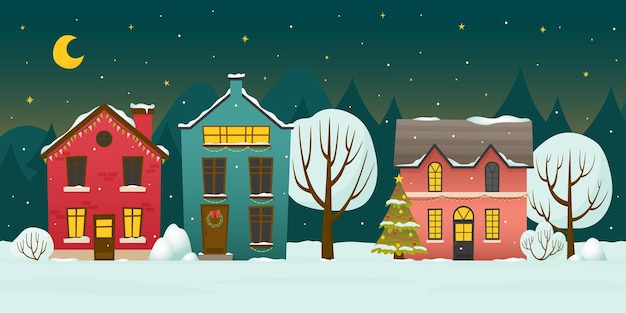 Gemütliche Winternachtsstadt. Weihnachtshintergrund mit Häusern und Weihnachtsbaum