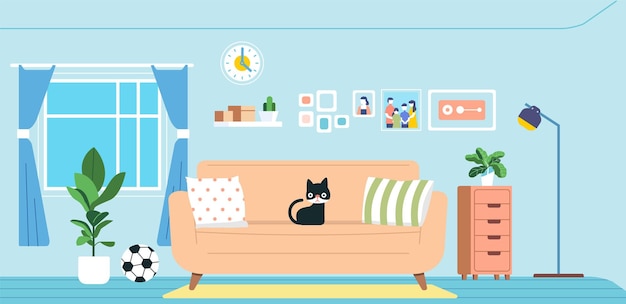 Vektor gemütliche wohnzimmer innenmöbel haus katze sitzt auf dem sofa flache illustration