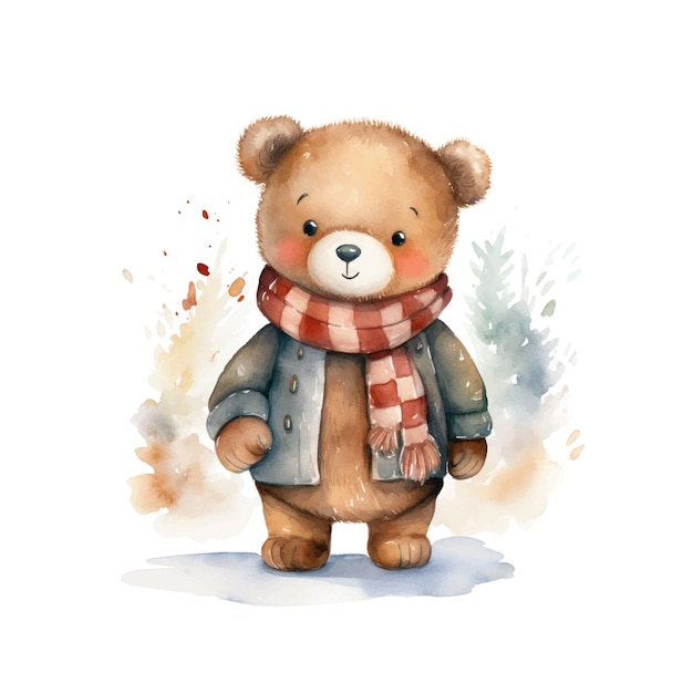 Vektor gemütlicher aquarell-teddybär mit mütze und schal. entzückende illustration voller wärme und niedlichkeit