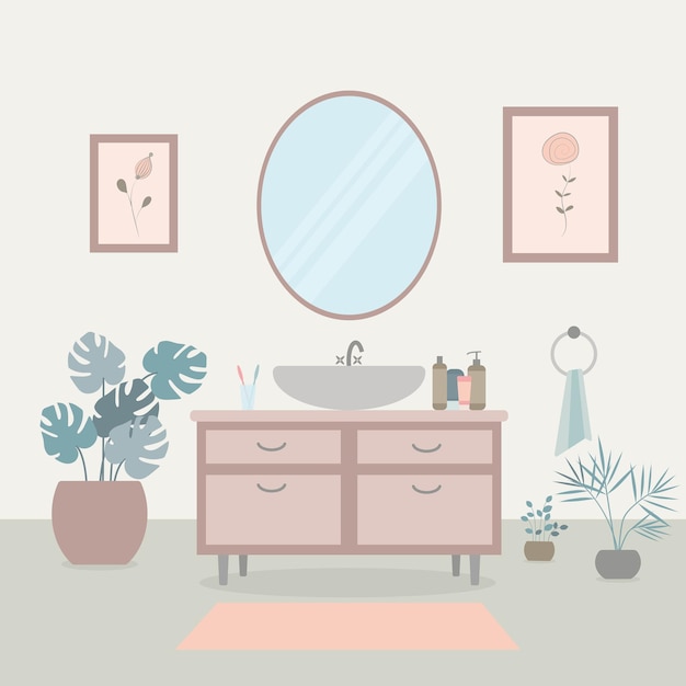 Gemütliches Badezimmerinterieur mit Waschbecken und Spiegelkosmetik und Pflanzen