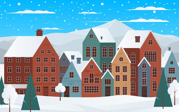 Vektor gemütliches, charmantes winterpanorama einer kleinen stadt mit bäumen und schnee weihnachtskarten und grußbriefe